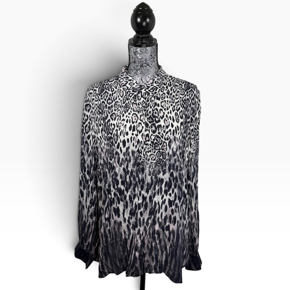 Elie Tahari XL Ingunn Animal Print Blouse 100% Viscose Black White Pink NWT